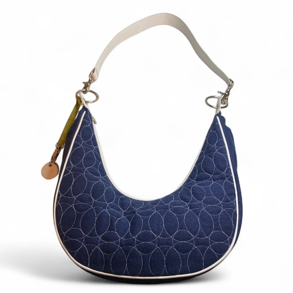 Chelsey Henry Quilted Cotton & Leather Crescent Hobo Saddle Shoulder Bag - Picture 1 of 7